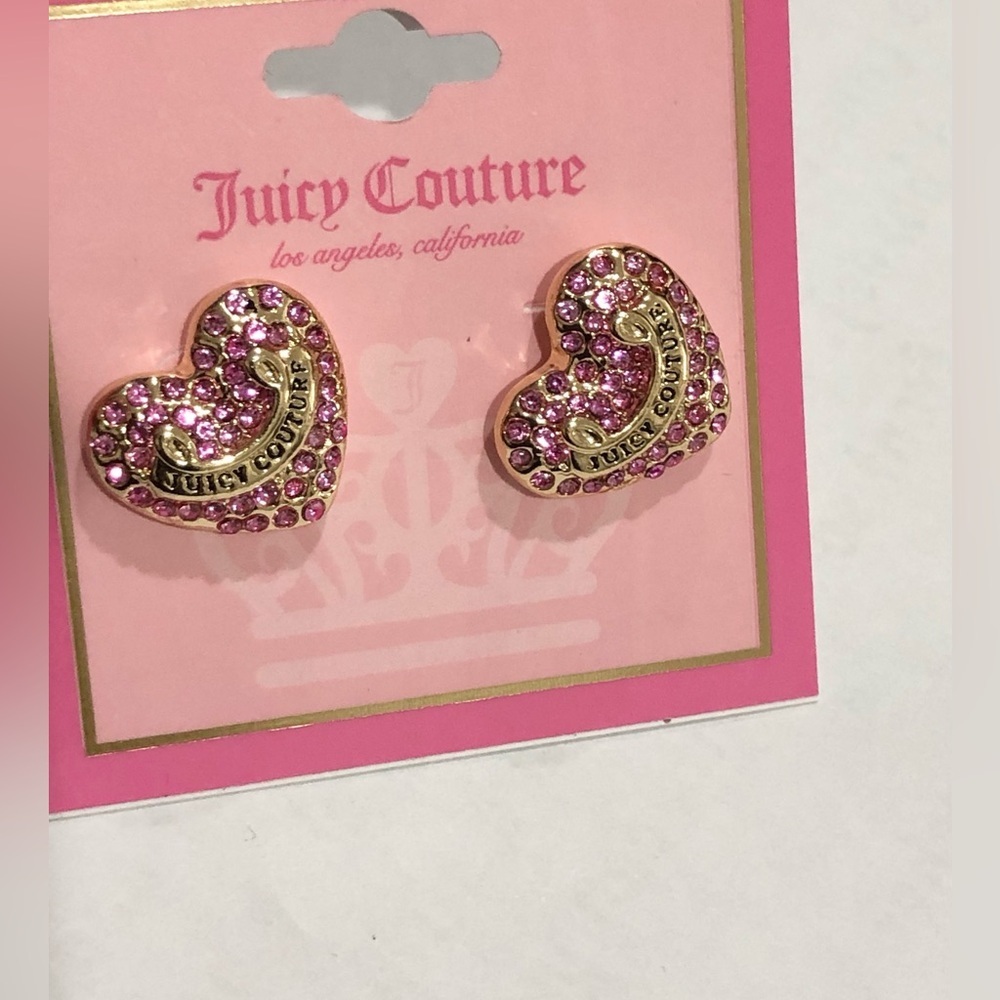 Juicy Couture y2k pink crystal rhinestone pave heart shaped stud earrings new